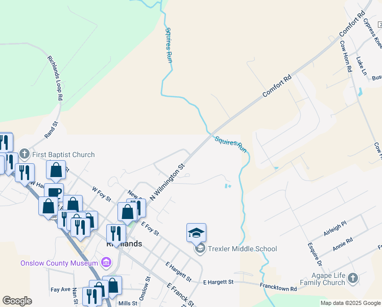 map of restaurants, bars, coffee shops, grocery stores, and more near 101 Brookhaven Drive in Richlands