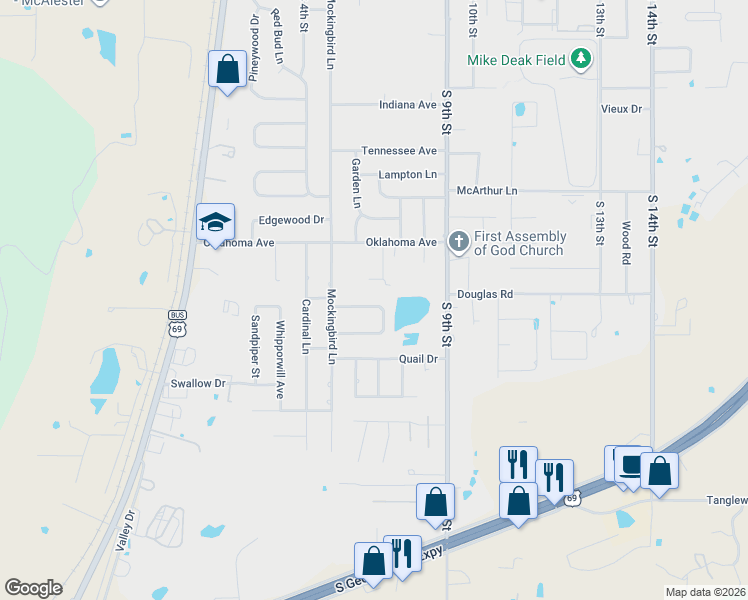 map of restaurants, bars, coffee shops, grocery stores, and more near 1903 Swan Lane in McAlester
