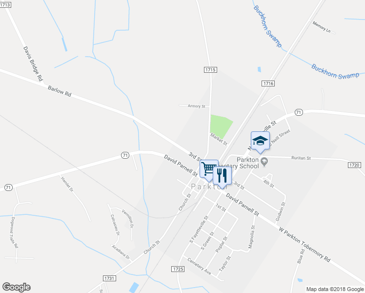 map of restaurants, bars, coffee shops, grocery stores, and more near 305 3rd Street in Parkton