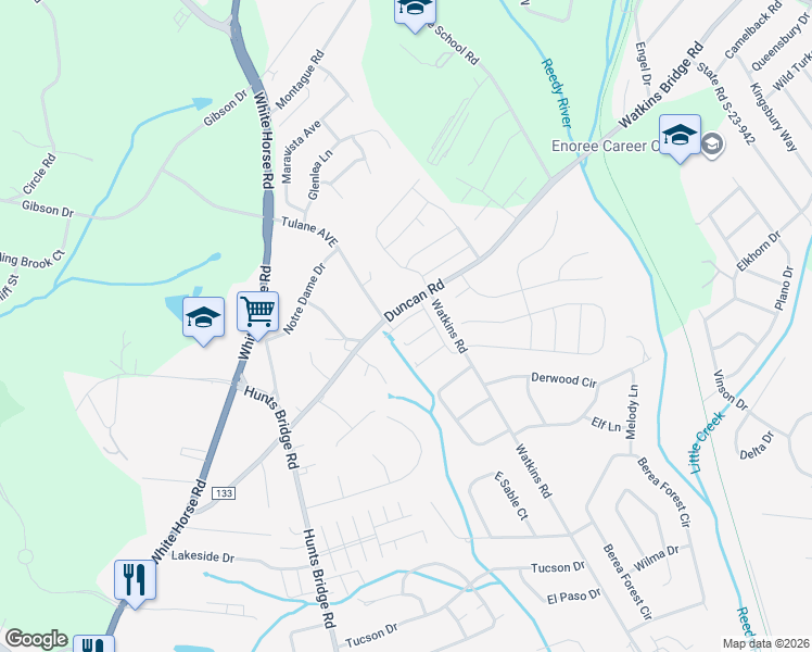 map of restaurants, bars, coffee shops, grocery stores, and more near 538 Duncan Road in Greenville