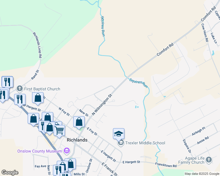map of restaurants, bars, coffee shops, grocery stores, and more near 101 Brookhaven Drive in Richlands