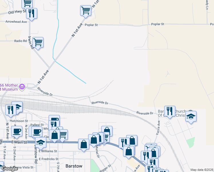 map of restaurants, bars, coffee shops, grocery stores, and more near 1001 Riverside Drive in Barstow