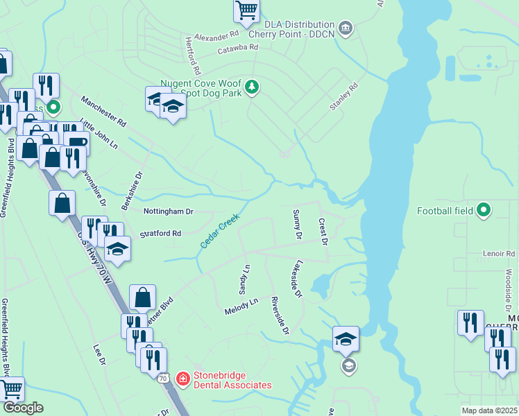 map of restaurants, bars, coffee shops, grocery stores, and more near 115 Paradise Circle in Havelock