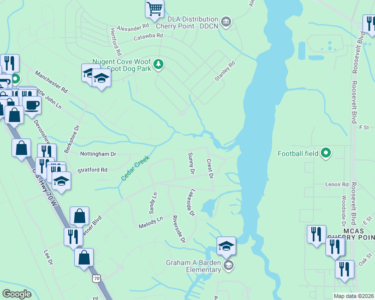 map of restaurants, bars, coffee shops, grocery stores, and more near 110 Oak Ridge Drive in Havelock