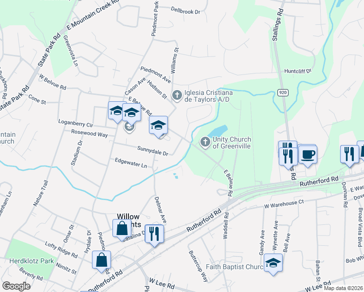 map of restaurants, bars, coffee shops, grocery stores, and more near 209 Sunnydale Drive in Greenville