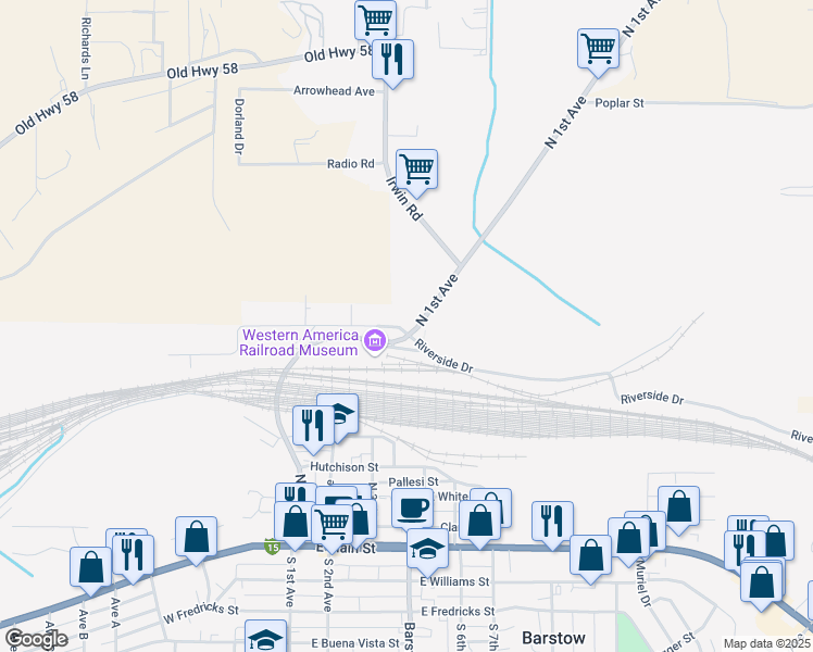 map of restaurants, bars, coffee shops, grocery stores, and more near 685 N 1st Ave in Barstow