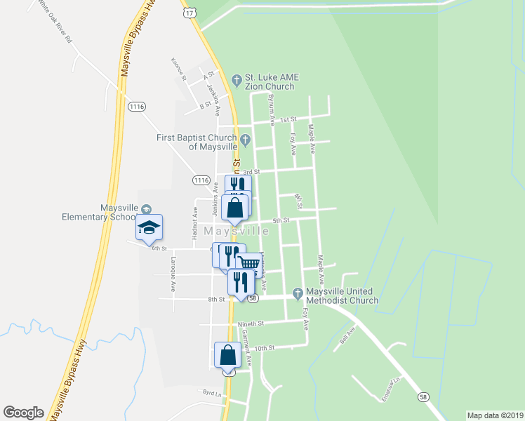 map of restaurants, bars, coffee shops, grocery stores, and more near 405 Mattocks Avenue in Maysville