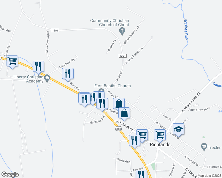 map of restaurants, bars, coffee shops, grocery stores, and more near 200 Rand Street in Richlands