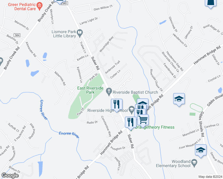 map of restaurants, bars, coffee shops, grocery stores, and more near 231 Spring Crossing Circle in Greer