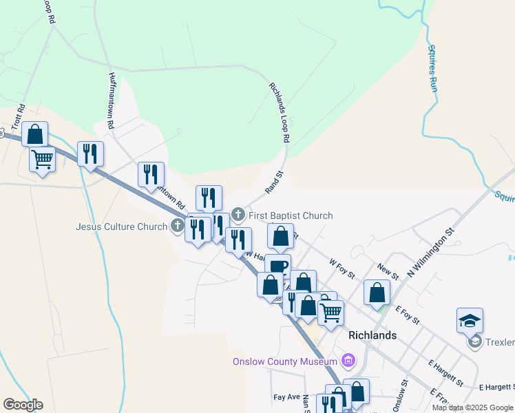 map of restaurants, bars, coffee shops, grocery stores, and more near 200 Rand Street in Richlands