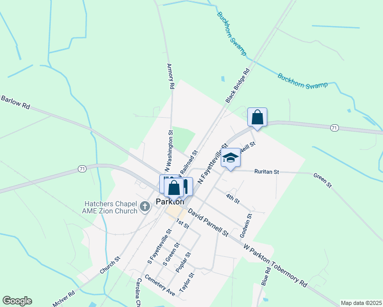map of restaurants, bars, coffee shops, grocery stores, and more near 329 West Railroad Street in Parkton