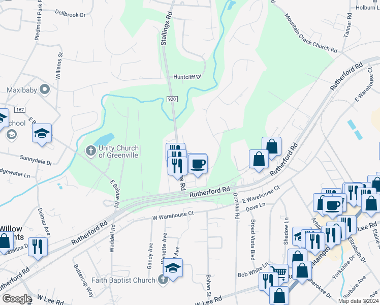 map of restaurants, bars, coffee shops, grocery stores, and more near 231 Greenview Circle in Greenville
