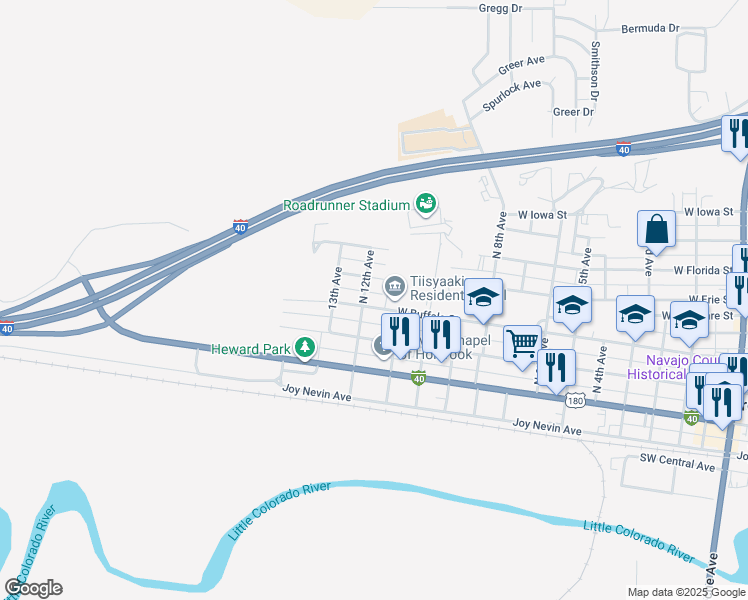 map of restaurants, bars, coffee shops, grocery stores, and more near 1219 West Erie Street in Holbrook