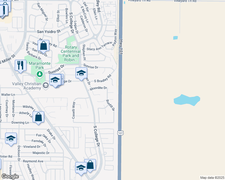 map of restaurants, bars, coffee shops, grocery stores, and more near 1015 Butterfly Court in Santa Maria