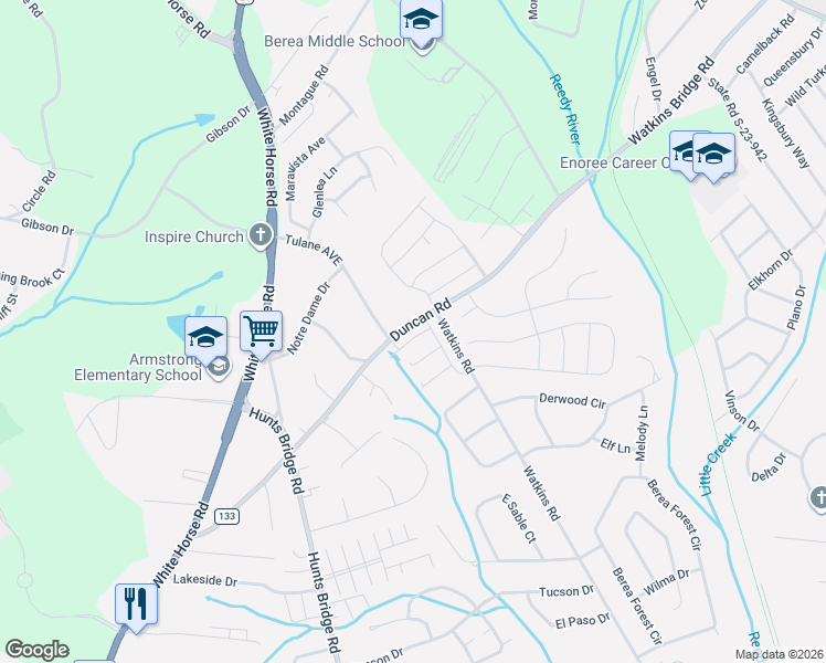 map of restaurants, bars, coffee shops, grocery stores, and more near 307 Duncan Road in Greenville
