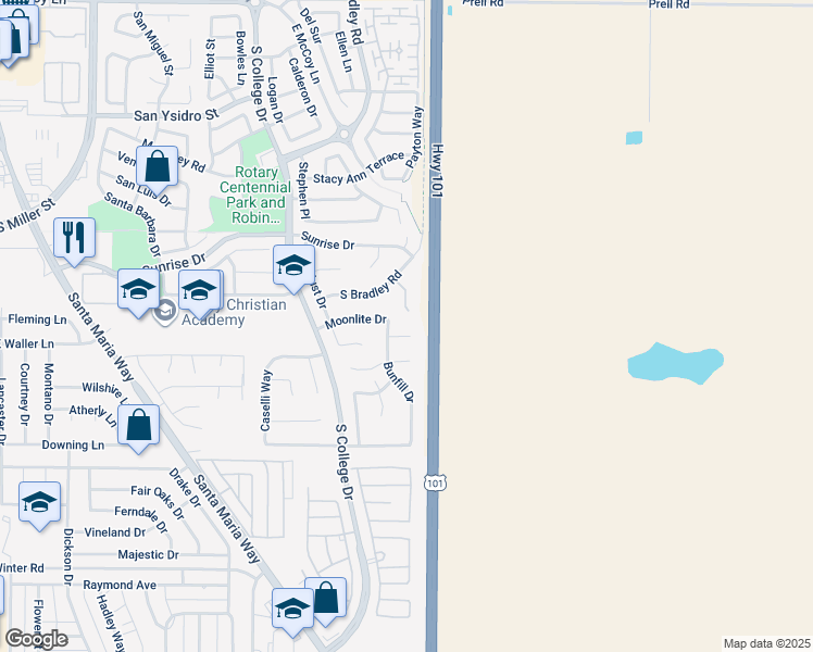 map of restaurants, bars, coffee shops, grocery stores, and more near 1015 Butterfly Court in Santa Maria