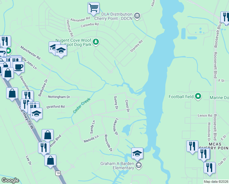 map of restaurants, bars, coffee shops, grocery stores, and more near 110 Oak Ridge Drive in Havelock
