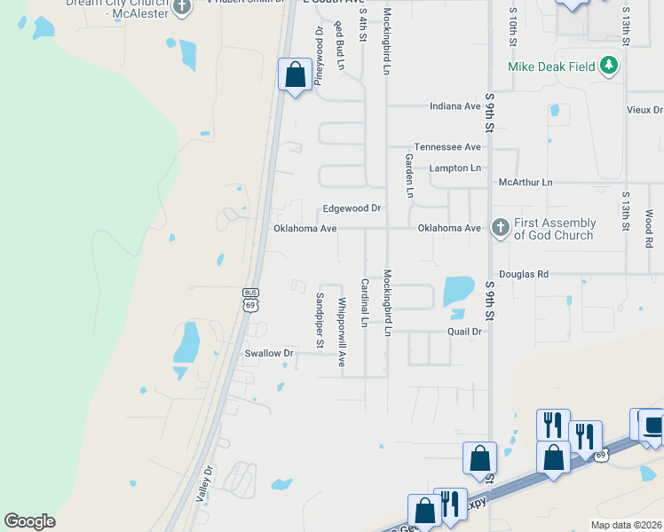 map of restaurants, bars, coffee shops, grocery stores, and more near 1809 Nightingale Circle in McAlester