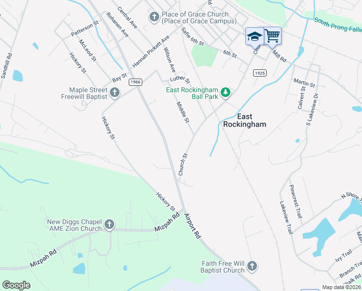 map of restaurants, bars, coffee shops, grocery stores, and more near 139 Church Street in Rockingham