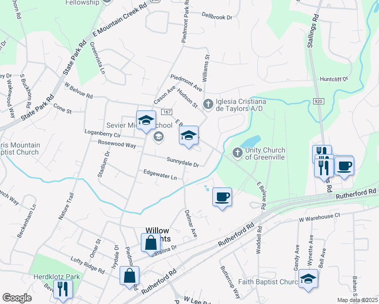 map of restaurants, bars, coffee shops, grocery stores, and more near 32 East Belvue Road in Taylors