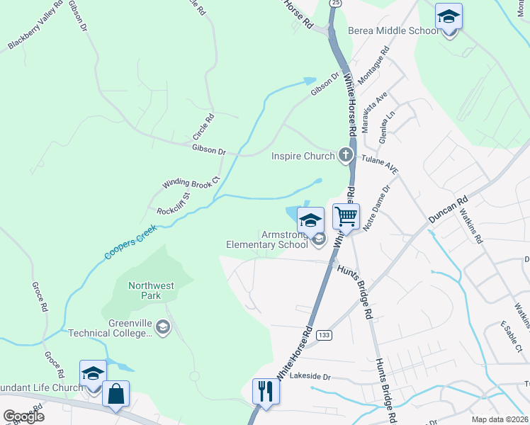 map of restaurants, bars, coffee shops, grocery stores, and more near 98 Trammell Road in Greenville