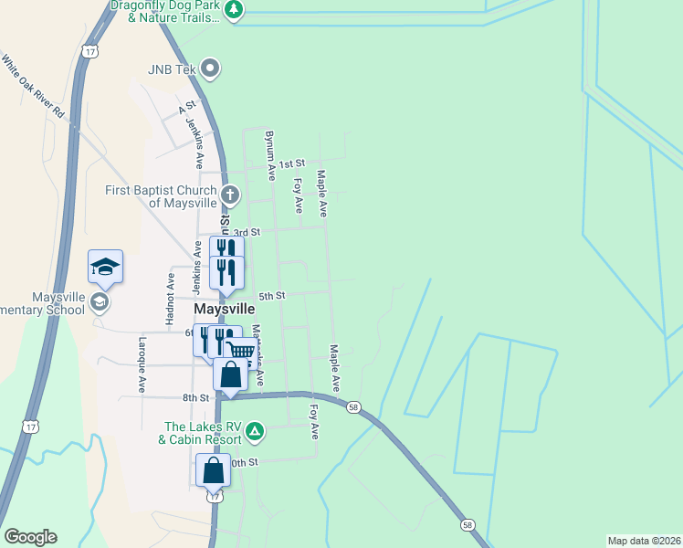 map of restaurants, bars, coffee shops, grocery stores, and more near 407 Maple Avenue in Maysville