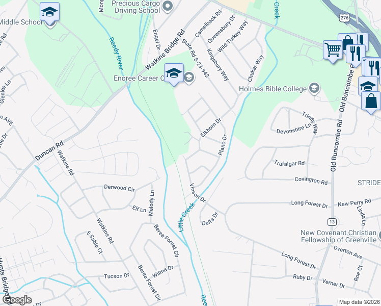 map of restaurants, bars, coffee shops, grocery stores, and more near 104 Pueblo Drive in Greenville