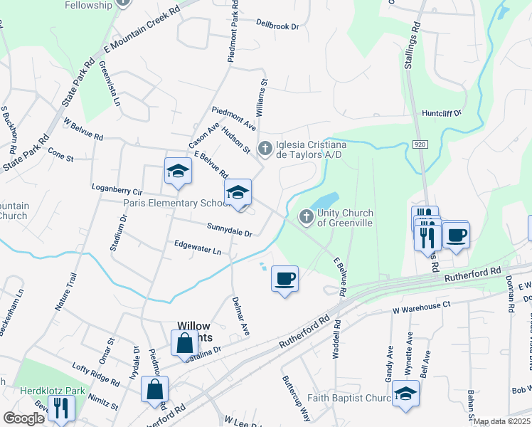 map of restaurants, bars, coffee shops, grocery stores, and more near 209 Sunnydale Drive in Greenville