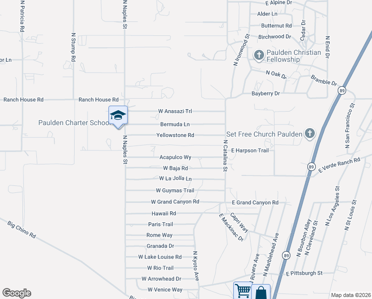 map of restaurants, bars, coffee shops, grocery stores, and more near 214 West Zion Trail in Paulden