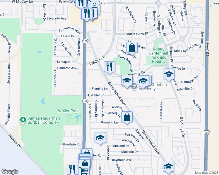 map of restaurants, bars, coffee shops, grocery stores, and more near 357 Fleming Lane in Santa Maria