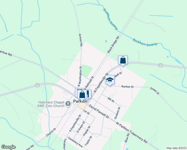 map of restaurants, bars, coffee shops, grocery stores, and more near 329 West Railroad Street in Parkton