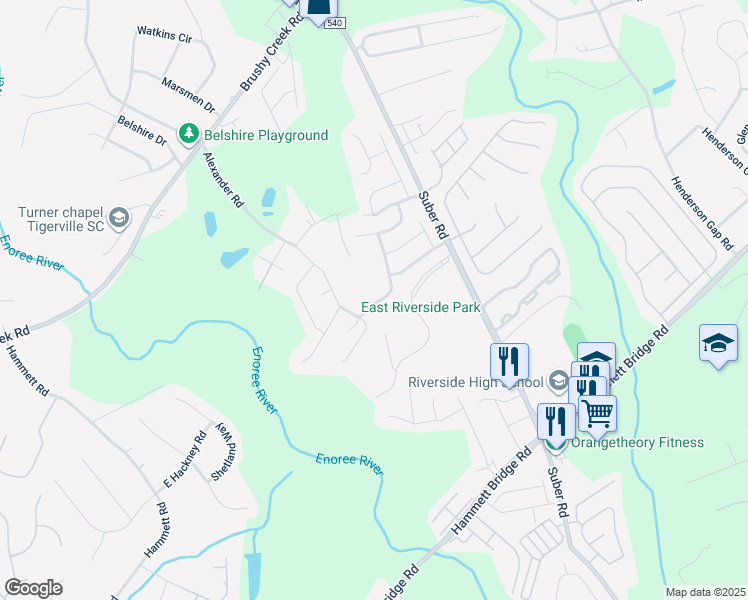 map of restaurants, bars, coffee shops, grocery stores, and more near 216 Kylemore Lane in Greer