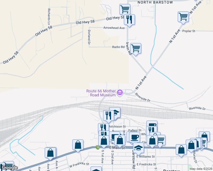 map of restaurants, bars, coffee shops, grocery stores, and more near 153 Crooks Avenue in Barstow