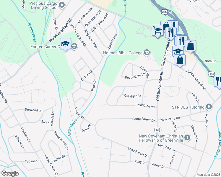 map of restaurants, bars, coffee shops, grocery stores, and more near 223 Covington Road in Greenville