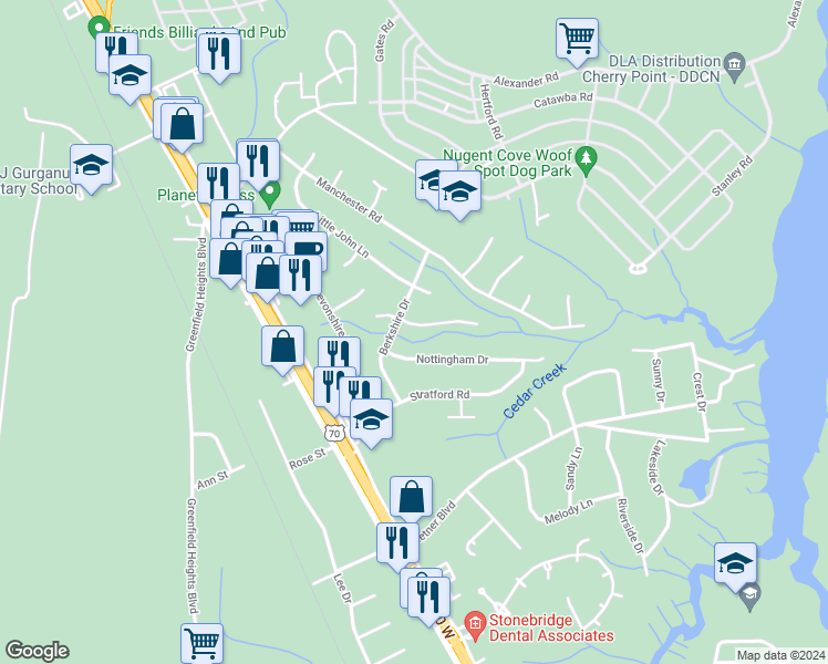 map of restaurants, bars, coffee shops, grocery stores, and more near 202 Cambridge Court in Havelock