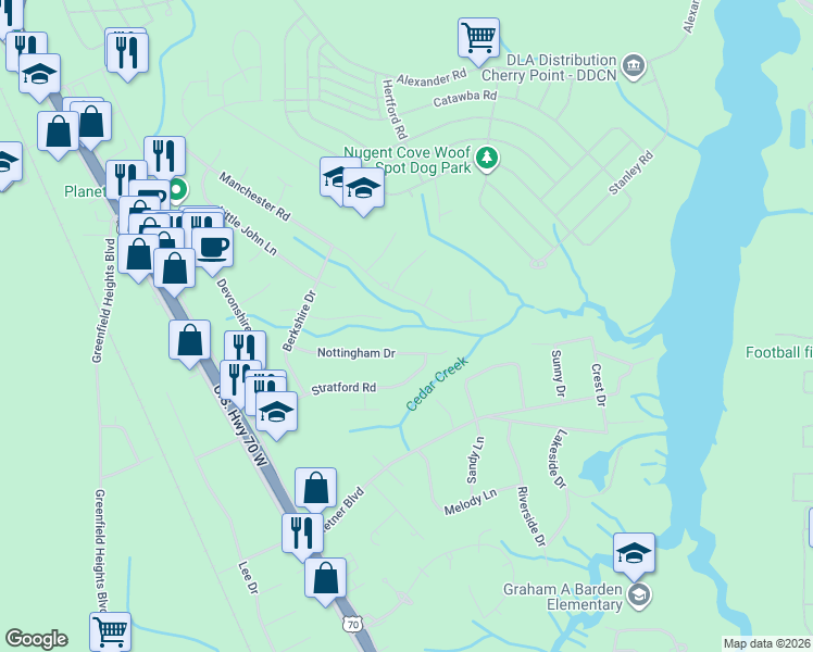 map of restaurants, bars, coffee shops, grocery stores, and more near 220 Cambridge Court in Havelock