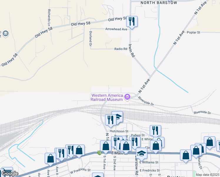 map of restaurants, bars, coffee shops, grocery stores, and more near 153 Crooks Avenue in Barstow