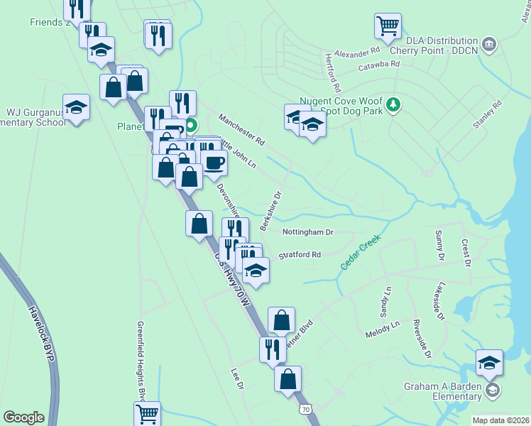 map of restaurants, bars, coffee shops, grocery stores, and more near 117 Berkshire Drive in Havelock