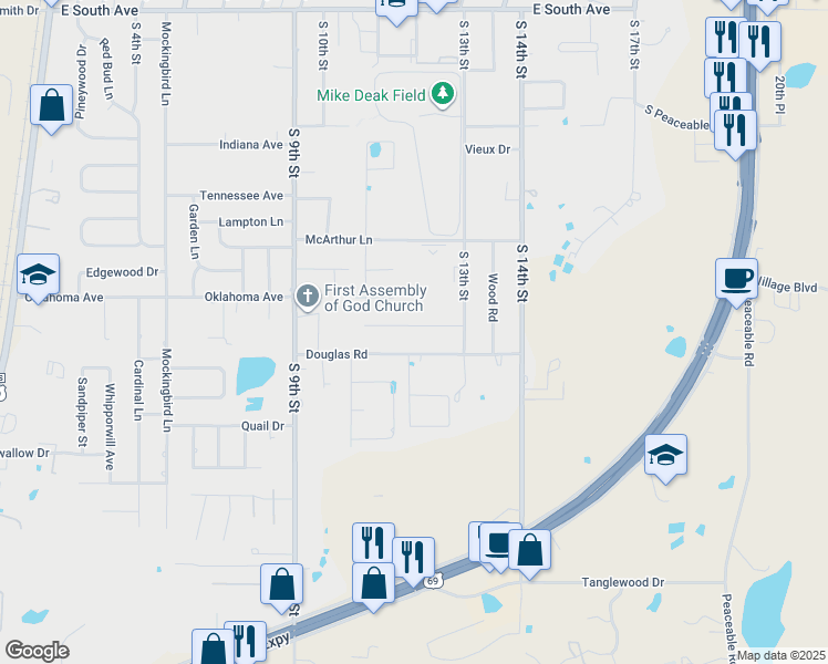 map of restaurants, bars, coffee shops, grocery stores, and more near 1200 East Reynolds Road in McAlester