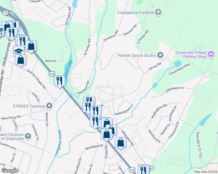map of restaurants, bars, coffee shops, grocery stores, and more near 109 South Parker Road in Greenville
