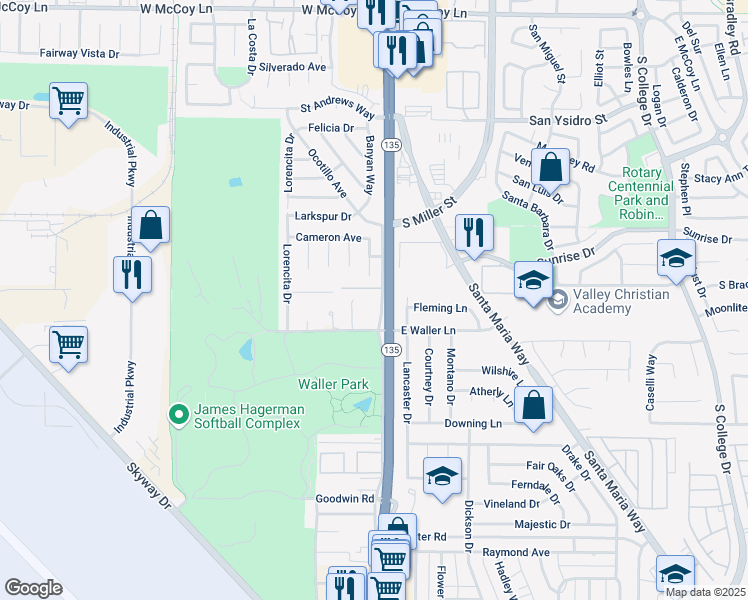 map of restaurants, bars, coffee shops, grocery stores, and more near 2939 Orcutt Road in Santa Maria