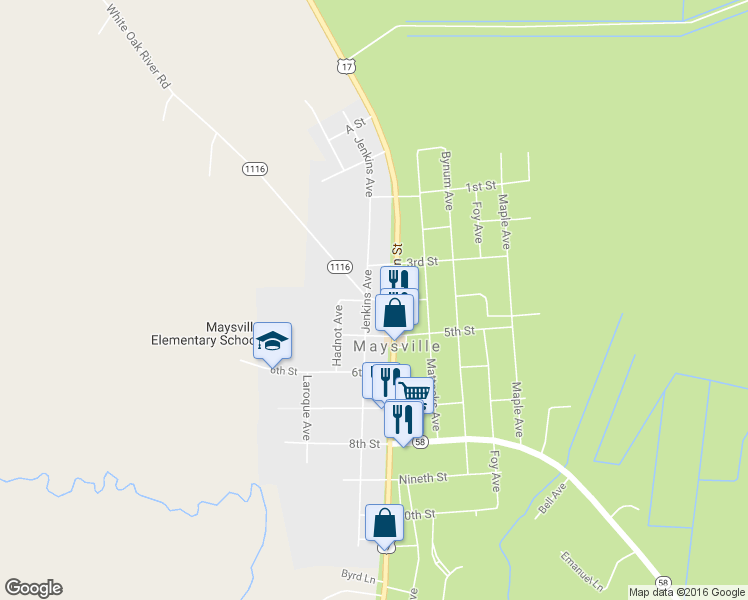 map of restaurants, bars, coffee shops, grocery stores, and more near 602 4th Street in Maysville