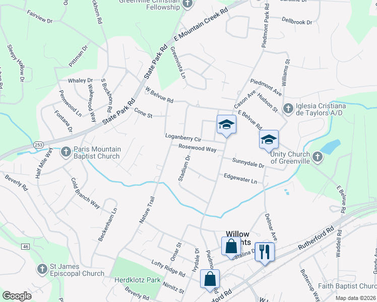 map of restaurants, bars, coffee shops, grocery stores, and more near 105 Rosewood Way in Greenville