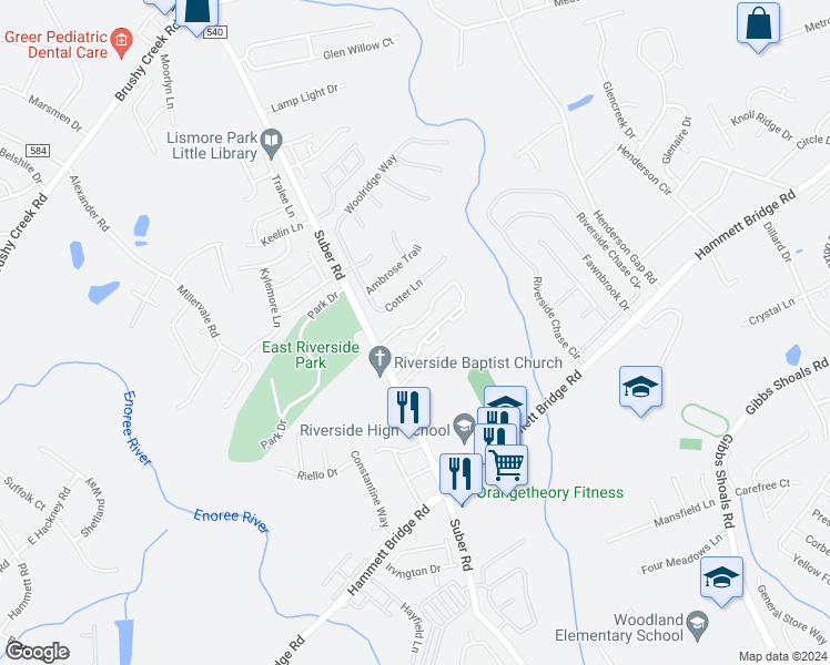map of restaurants, bars, coffee shops, grocery stores, and more near 201 Spring Crossing Circle in Greer
