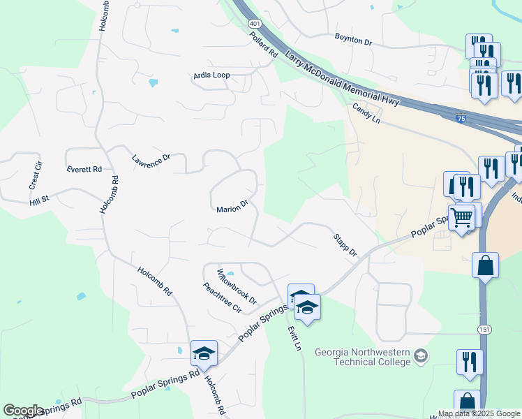 map of restaurants, bars, coffee shops, grocery stores, and more near 102 Barton Street in Ringgold
