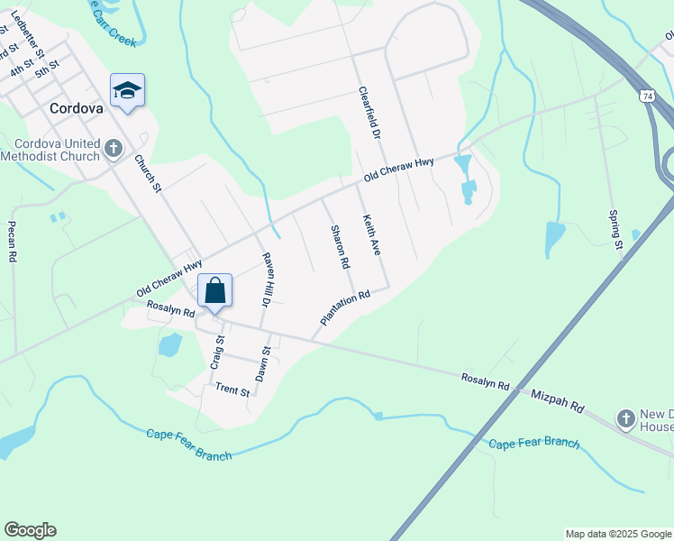 map of restaurants, bars, coffee shops, grocery stores, and more near 140 Sharon Road in Rockingham