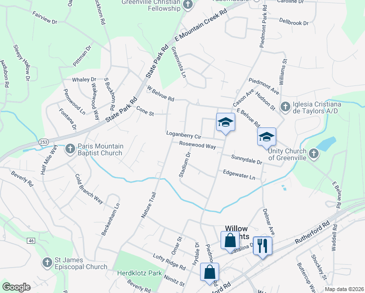 map of restaurants, bars, coffee shops, grocery stores, and more near 105 Rosewood Way in Greenville
