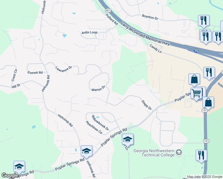 map of restaurants, bars, coffee shops, grocery stores, and more near 102 Barton Street in Ringgold