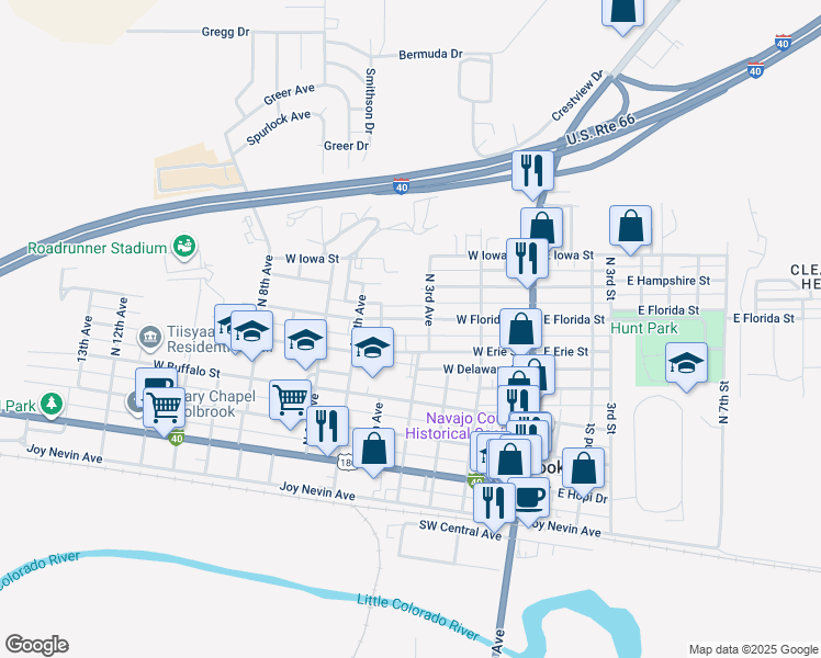 map of restaurants, bars, coffee shops, grocery stores, and more near 320 West Erie Street in Holbrook