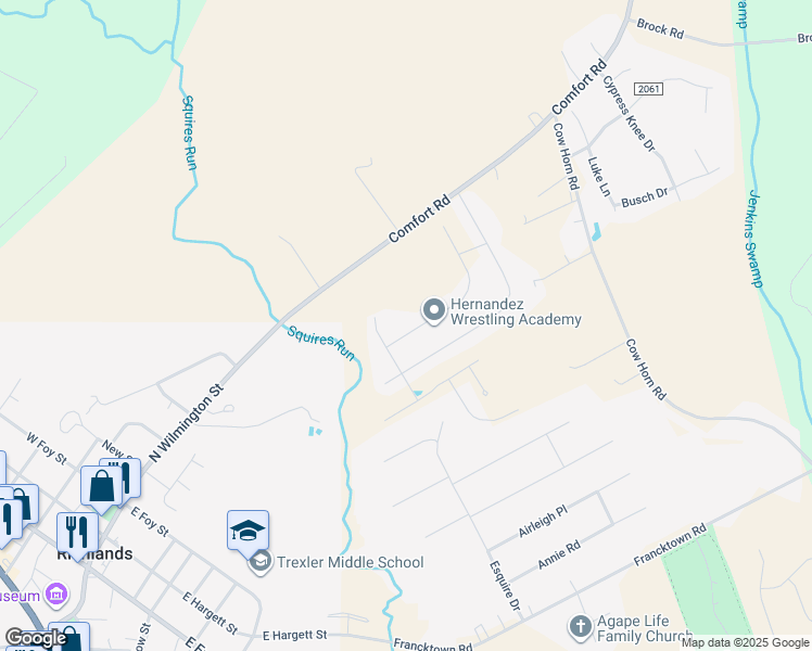 map of restaurants, bars, coffee shops, grocery stores, and more near 105 Pembury Way in Richlands